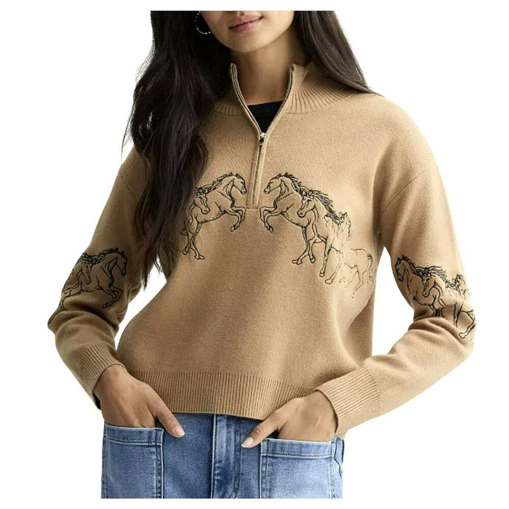 Taelynn Beige Quarter-Zip Sweater Embroidered Running Horses Medium New